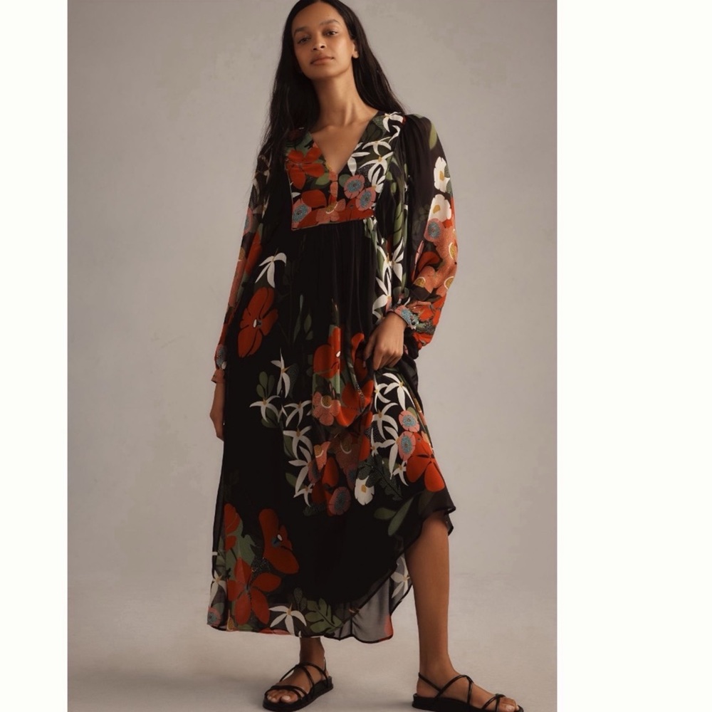 NWT Farm Rio  Long-Sleeve V- Neck Floral Maxi Dress S